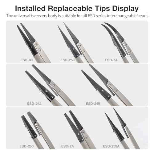 FEITA Anti Static Precision Tweezers ESD-Series Replacement Pointed, Curved & Flat Head, ESD Stainless Steel Twizzers Replaceable Carbon Fiber Plastic Tips With Locking Screws (8Types Each 1Pair)