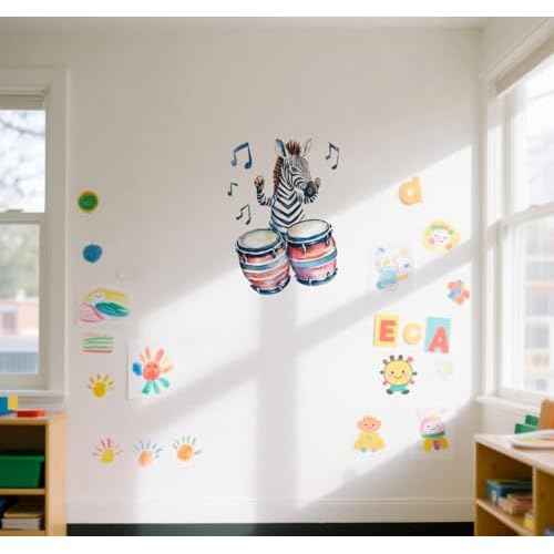 Zebra Play Drum Decal Wall Stickers, Fun Animals Decor Music Vinyl Waterproof Peel Removable Wall Decor for Nursery Kids Baby Bedroom Preschool Playroom Classroom