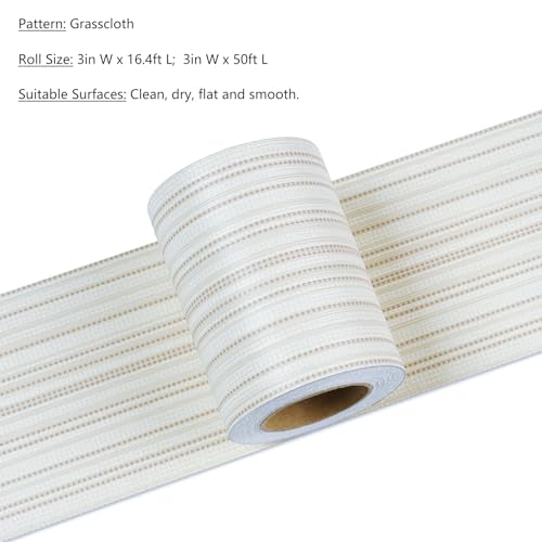 LACHEERY Off White Bulletin Board Border Wallpaper Peel and Stick Border Trim Beige Fabric Removable Mirror Frame Borders Peel and Stick Striped Grasscloth Wall Paper for Bulletin Board Walls 3"x197"
