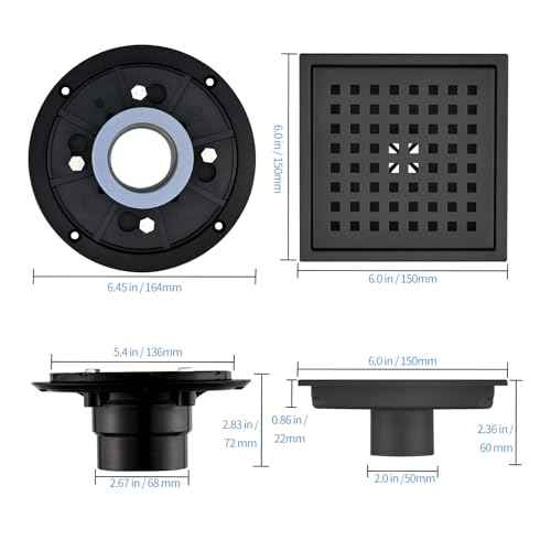 6 Inch Square Shower Drain Set of 2 with Removable, Square Grille, 304 Stainless Steel, Includes Shower Drain Base Hair Filter, Black, for Bathroom, Kitchen, Balcony 2 Pack