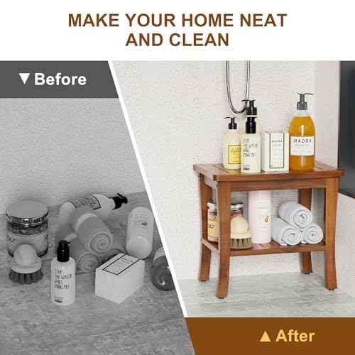 Teak Wood Shower Bench Stool with Storage Shelf, Wooden Waterproof Bathroom Spa Bathing Teak Shower Stool with Non-Slip Feet Gadget 2024 for Indoor or Outdoor Shower Chair Seat Organizer