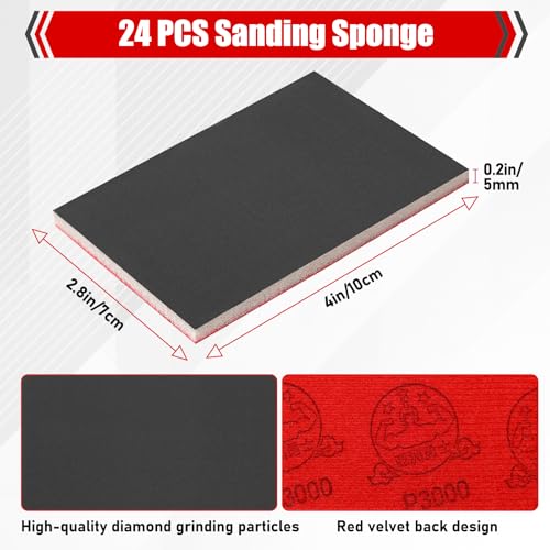 24 Pcs 3 x 4 Inch 180-3000 Grit Sanding Sponge Set, Anglecai Ultra Fine Sanding Sandpaper Pads Soft Foam Sand Block Sponge for Wet Dry Sandpaper Pads for Plastic Model Metal Wood Furniture Polishing