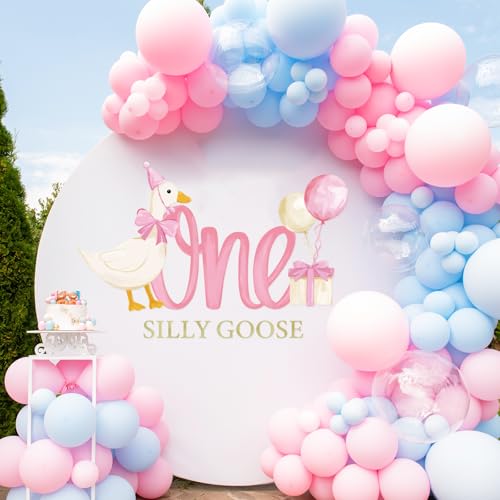 One Silly Goose Party Decal Sign Pink First Birthday Wall Sticker Pink Bow Goose Sweet Party Backdrop Photo Prop for 1st Girl Birthday Balloon Arch
