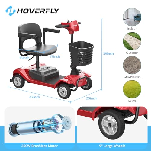 Hoverfly T4 Mobility Scooter, 4-Wheel Mobility Scooter for Adults - 12.4 Miles Range, 3.7 mph, Smart Safety Features, Removed Battery, Rotating Swivel Seat, Headlight, Basket, Charger Included Red