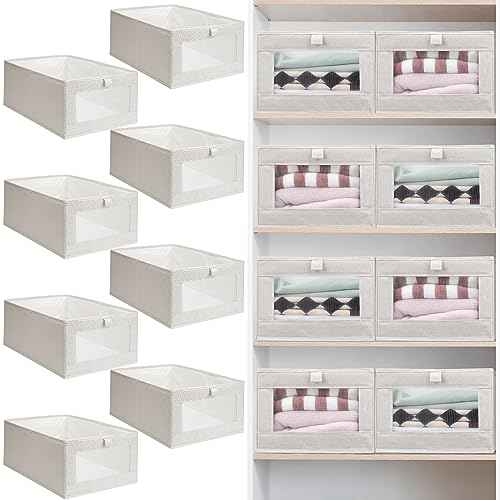Kigley 8 Pcs Linen Closet Organizers and Storage Foldable Clothing Bins Large Foldable Box with Window Storage Baskets for Closet Shelf Clothes Jeans Toys Organization, Beige