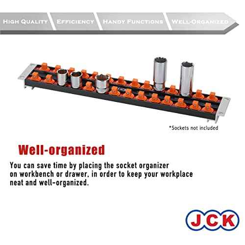 JCK Professional Quality AluminumSocket Organizer,Socket Boss 2-Rail 3/8-Inch-Drive Socket Organizer, 360 degree rotary stud,sockets storage,storage,drawer,holds 28 sockets