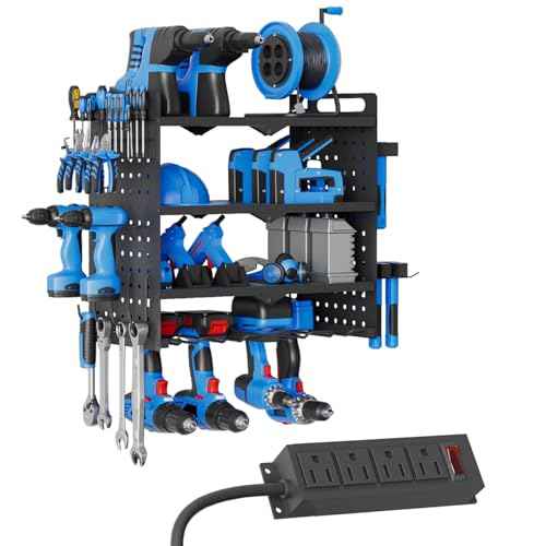 Power Tool Organizer Wall Mount with Charging Station, 4 Layers 4 Drill Holder, Heavy Duty Storage Utility Racks, Supports 600 lbs,Battery Shelf for Garage and Workbench (16 Inch 4 Drills Holder)