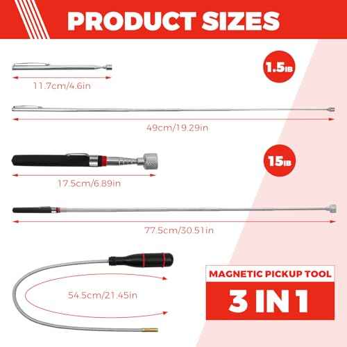3 Pack Magnetic Pickup Tool- Extendable Magnet, Telescopic Magnetic Pick-up Tool, Bendable Flexible Magnetic Pickup Tool