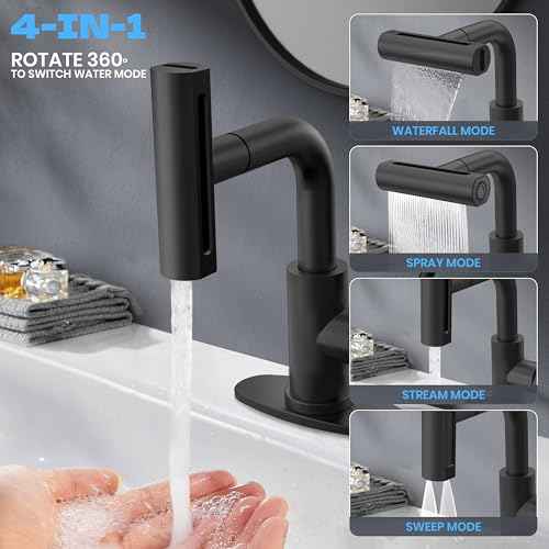 Matte Black Bathroom Sink Faucet with Pull Down Sprayer - 4 Mode Single Handle Vanity Faucet Waterfall Bathroom Faucet with Pull Down Sprayer (No Drain)