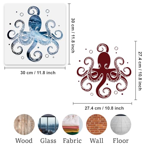 Octopus Sea Wall Stencil Template 11.8 x 11.8 Inch Reusable Plastic Ocean Themed Stencil for Painting on Wood Wall Floor Tile Fabric Glass DIY Home Decor