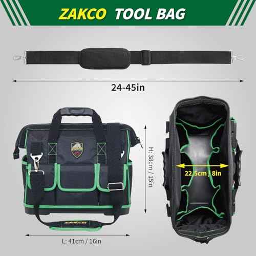 ZAKCO 16 inches Top Opening Tool Tote, 1680D Durable Tool Organizer for Plumber, Electrician, Handyman, HVAC Technicians Tool Bag, Tool Carrying Case with Padded Strap, Green
