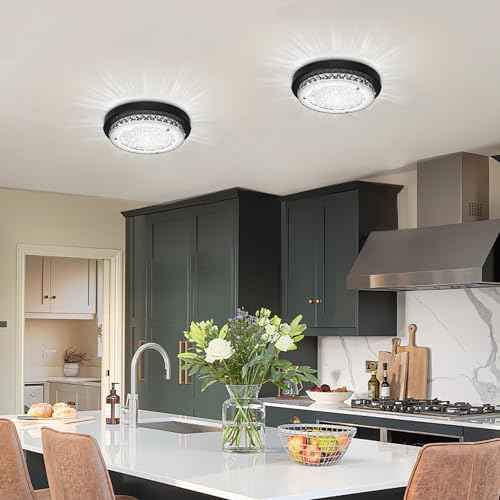 Black Flush Mount Ceiling Light Fixture Crystal LED Bathroom Dimmable Hallway Light Fixtures Ceiling 11" Bedroom Lights for Ceiling