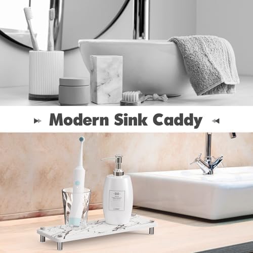 Kitchen Sink Caddy Water Absorbing Stone Tray For Sink, Diatomite Bathroom Countertop Tray Organizer, Faucet Stone Drying Mat Coaster Soap Dish Sponge Dispenser Holder (Marble)
