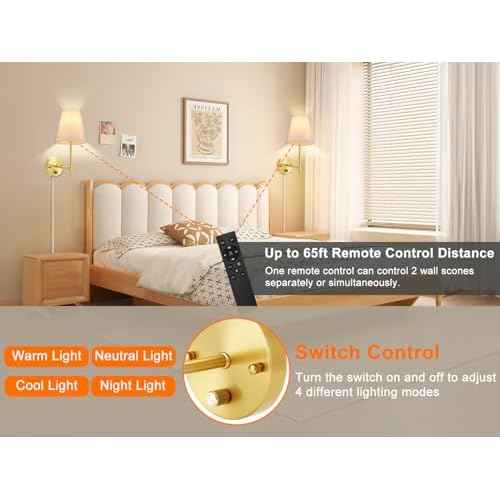 Wall Sconces Set of Two with Remote Control, Dimmable, Adjustable Colors 2700-6500K, Plug in Wall Sconces with White Fabric Shades, Plug in Wall Light, Gold