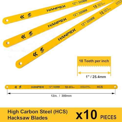 Hacksaw Replacement Blades (10 Pack) High Speed 18 TPI - 12" Length Hack Saw Blade - High Carbon Steel (HCS) Cutting Blades