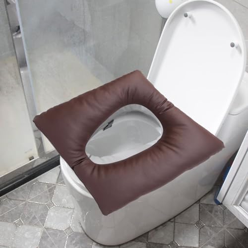 Bedside Commode Cushion - Washable 16.5" X 16.5" Thick Pad PU Cover with Fixing Straps for Commode Chair,Portable Toilet Seat Cushion for Seniors Raz Shower Chair Seat,Brown