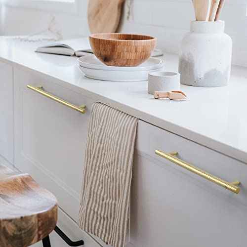6-Pack Solid Brass Kitchen Cabinet Pulls, Gold Modern T-Bar Handles, 6-5/16-Inch Hole Center Hammered Handles for Dresser Drawer Cupboard, 8-1/8 Inch Total Length, Polished Finish