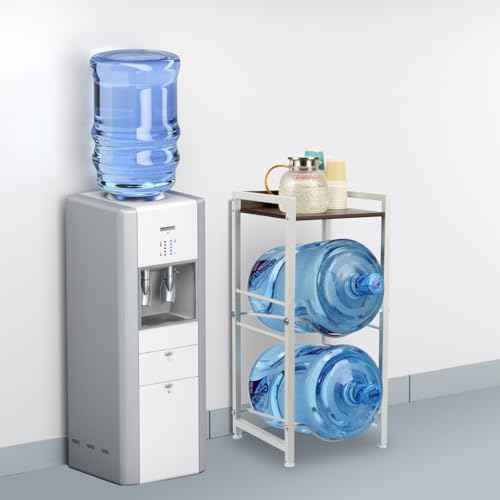 5 Gallon Water Bottle Holder with Walnut Storage Shelve, 3 Tier Water Jug Holder Water Storage Rack, Detachable Water Bottle Dispenser Stand Organizer for Office Kitchen Living Room, White