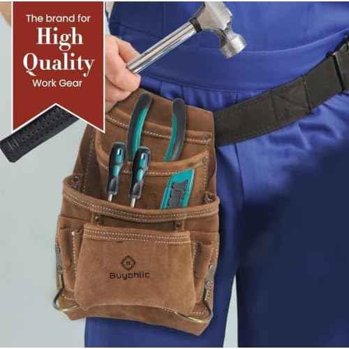 Buyohlic Heavy-Duty Suede Carpenter's Tool & Nail Bag ? 10-Pocket Construction Pouch, Dark Tan