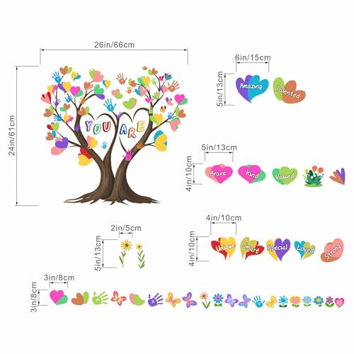 Classroom Inspirational Wall Stickers for Kids: Peel and Stick Hearts Tree Handprint You are Strong Wall Decals - Boys Room Girls Bedroom - Children Supplies Ages 1-12 Years Wall Art Decor