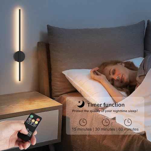 Battery Operated Black Wall Sconce , USB Rechargeable Wall Lights with Remote Control, 1 Pack Dimmable LED Wall Lamp Indoor, 360¡Æ Rotation Wireless Lights for Living Room Bedroom Hallway, 31.5 inch