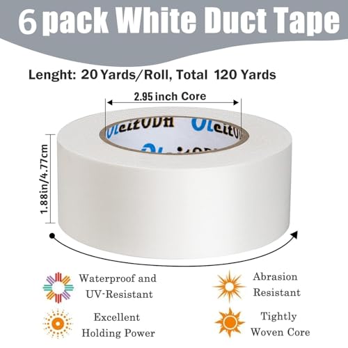 6 Pack White Duct Tape Heavy Duty Bulk 1.88 inch x 20 Yards,Strong No Residue All-Weather Duct Tape, Waterproof, Tear by Hand, Multi-Use for Indoor & Outdoor Repairs, Industrial, Professional Use