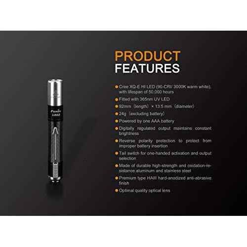 Fenix LD02 V2.0 70 lumen neutral white/UV pen-type LED flashlight bundle with AAA EdisonBright battery