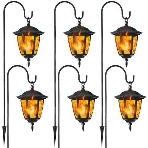 Dynaming 6 Pack Solar Flame Hanging Lights Outdoor, Halloween Solar Flickering Flame LED Garden Lanterns with 6 x 38 Inch Shepherd Hooks, Christmas Lighting for Lawn Patio Yard Pathway Driveway