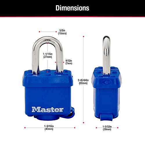 Master Lock 312TRI Laminated Padlock with Key & Thermoplastic Shell, Blue, Pack of 3 Keyed-Alike, 1-9/16-inch