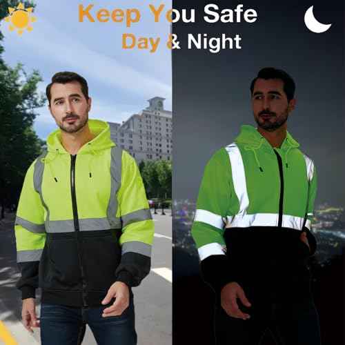 High Visibility Safety Hoodie, Reflective Workwear Sweatshirt, Neon Yellow and Black, Zip-Up