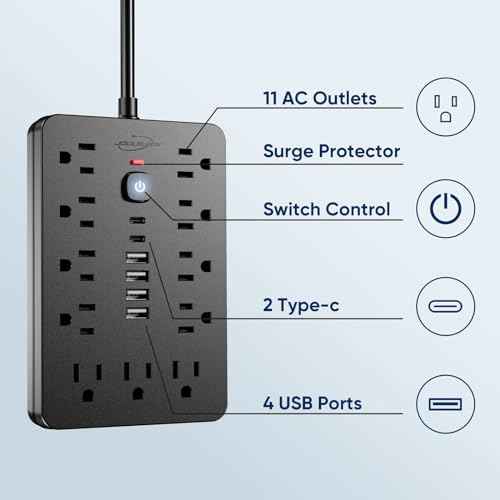 2PCS 5 FT Flat Plug Surge Protector Power Strip,11 Multiple AC Outlets with 6 USB Ports (2 USB C), 5 Feet Extension Cord, 1250W/10A, One Touch Switch Button, 17 in 1 Compact powerstrip