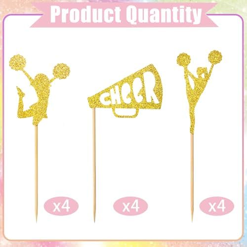 12 Pcs Cheerleader Cupcake Toppers – Gold Glitter Cheerleading Gymnastics Cupcake Decorations for Cheer Team, Gymnast Girl, or Girls Birthday Party Cake Decorations
