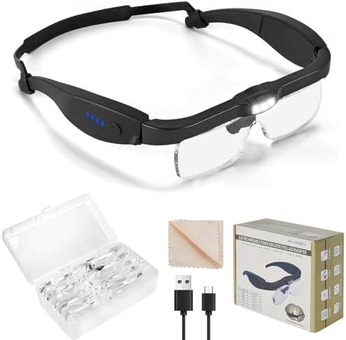 Magnifying Glasses with 3 LED Lights with Light 0.75X to 4X, Rechargeable Magnifying Glasses Head Magnifier, Lighted Magnify Glass with 5 Detachable Lenses, Magnifier Headset for Close Work