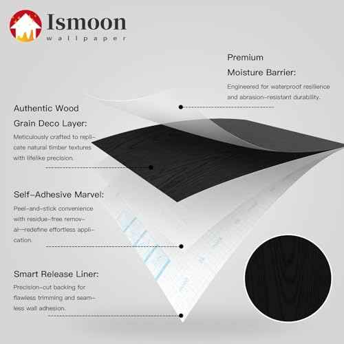 Ismoon Black Contact Paper Peel and Stick Wallpaper 17.5''x118''Wood Grain Contact Paper for Cabinets and Drawers Removable Self-Adhesive Modern Renter Friendly Wallpaper for Desk Countertops Vinyl