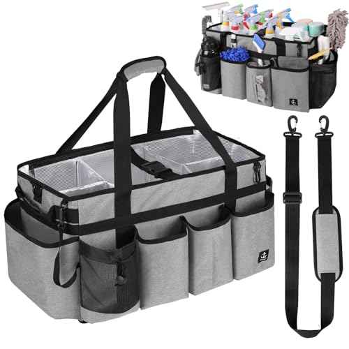 Extra large Cleaning Caddy Bag Built-in Sturdy Support Board, Cleaning Organizer with Detachable Divider, Cleaning Supply Tote with Adjustable Shoulder Strap (Grey, 19'' x 11'' x 11'')