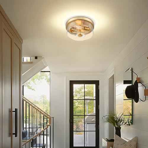 Gold Flush Mount Ceiling Light, 2-Light Hallway Light Fixtures, Modern Farmhouse Farmhouse Ceiling Light Clear Glass Brushed Gold Finish for Kitchen Porch Entryway