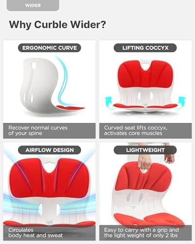 Curble Wider(Standard Wide) 2PACK – Ergonomic Lower Back Chair Support, Lumbar Support Back Posture Corrector, Back Pain Relief, Perfect for Office, Floor Seat and Work from Home, Patented (2P Red)