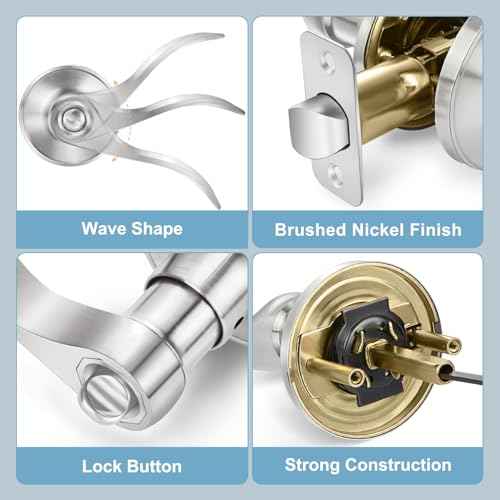 5 Pack Privacy Door Levers Brushed Nickel Door Handles, Wave Style Interior Door Knobs, Heavy Duty Reversible Keyless Door Handles for Bedroom Bathroom Doors