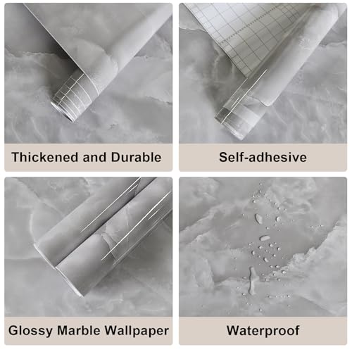 JSEVEM 16"¡¿118" Thick Grey White Cloud Pattern Marble Wallpaper Peel and Stick Vinyl Gray White Marble Contact Paper for Cabinet Waterproof Glossy Granite Wall Sticker for Walls Table Desk Countertops