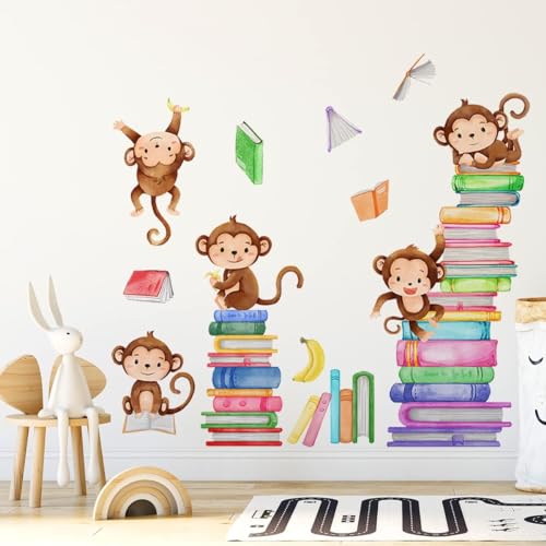 Monkey Wall Decals Animals Monkey Reading Books Wall Stickers for Baby Nursery Bedroom Classroom Wall Decor