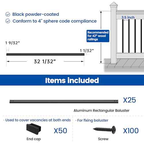 Muzata 25Pack 32'' Aluminum Deck Balusters Facemount Rectangular Railing Metal Spindles with Screws Stair Porch Staircase Deck Spindles for Wood and Composite Fencing WT34