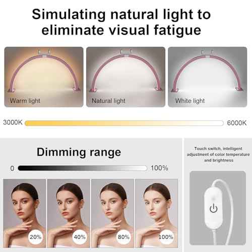 Large 29-inch Half Moon Light for Nail Desk,48W LED Light with Hand Pillow and Phone Holder, Nail Desk lamp for lash Eyelash Extension,Makeup Desk lamp,Color Temperature 3000K-6000K (Pink)