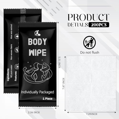 Timgle 200 Pcs Deodorant Body Wipes Individually Wrapped Bath for Adults Face Hand Body Wipes Pearl Pattern Wet Shower with Aloe Bathing Disposable Cleansing for Travel Gym Travel(Black Background)