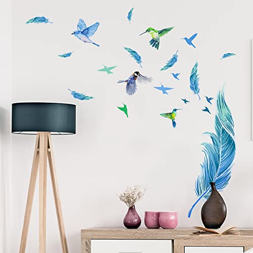 Blue Feathers Wall Decor Stickers, Creative Hummingbird Feather Window Peel and Stick Wallpaper Deacls, DIY Art Mural for Living Room Bedroom Kitchen Laundry Room Classroom