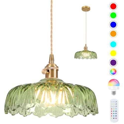 Battery Operated Pendant Light,Vintage Light Fixtures RGB Light Bulb 2500mAh 9.4in Green Modern Chandelier with Remote Control Wireless Adjustable Rechargeable Chandelier for Kitchen Island 1Light