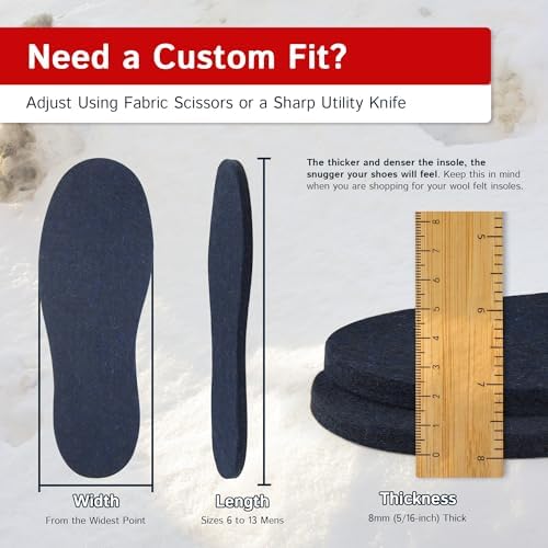 The Felt Store Wool Felt Insoles for Men and Women – 8mm Long-Lasting Shoe Inserts with Cushioning, Adjustable, Warm Wool Boot Insoles for Winter, 2 Pair