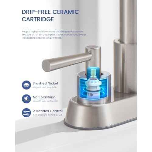 Bathroom Sink Faucet with Pull Out Sprayer 2 Handles, Brushed Nickel Pull Down Bathroom Faucet 3 Holes, 4 Inch Sink Faucet Bathroom, 360 Degree Swivel Spout, Pop Up Drain Assembly Included