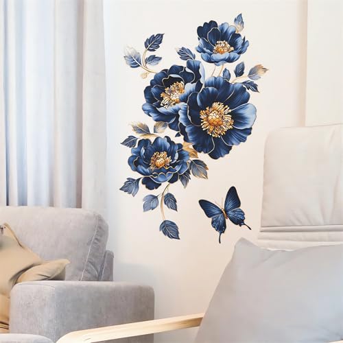 Gorgeous Blue Peony Rose Flower Wall Stickers, sacinora Butterfly Floral Art 3D Wall Decals Removable Vinyl Peel and Stick for Bedroom Study Room Bathroom Home Decorations
