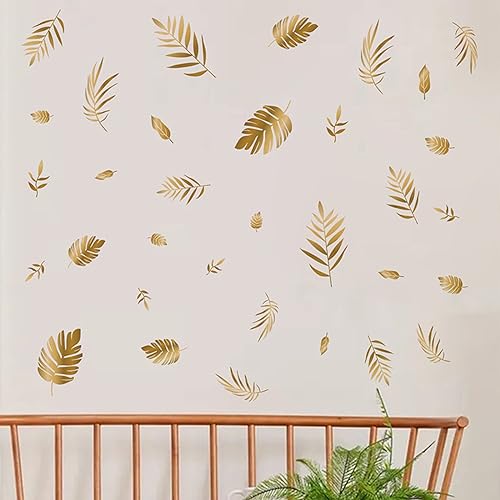 Gold Leaf Wall Decals - Peel & Stick Botanical Leaf Wall Stickers for Living Room & Bedroom