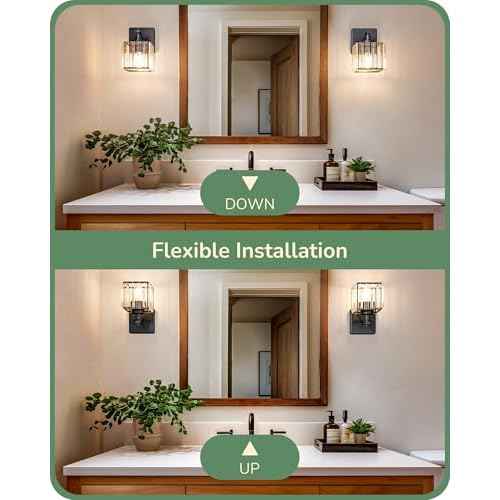 EDISHINE Bathroom Light Fixtures, Modern Wall Sconces Set of Two, Crystal Bathroom Vanity Llight, Indoor Lighting Fixtures Over Mirror, Black Wall Lamp for Bedroom